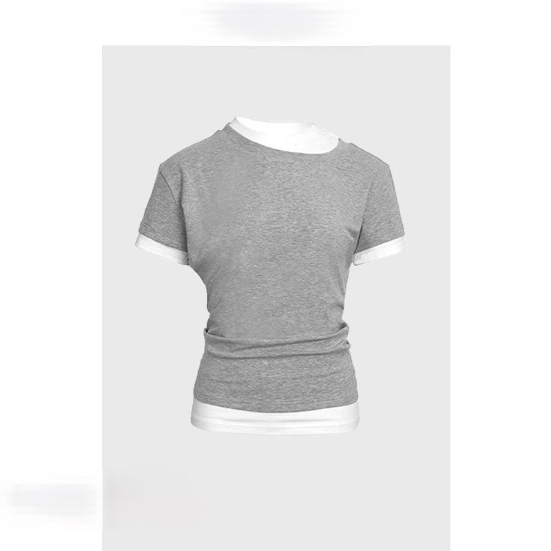 Gray fake two-piece short-sleeved patchwork contrasting T-shirt