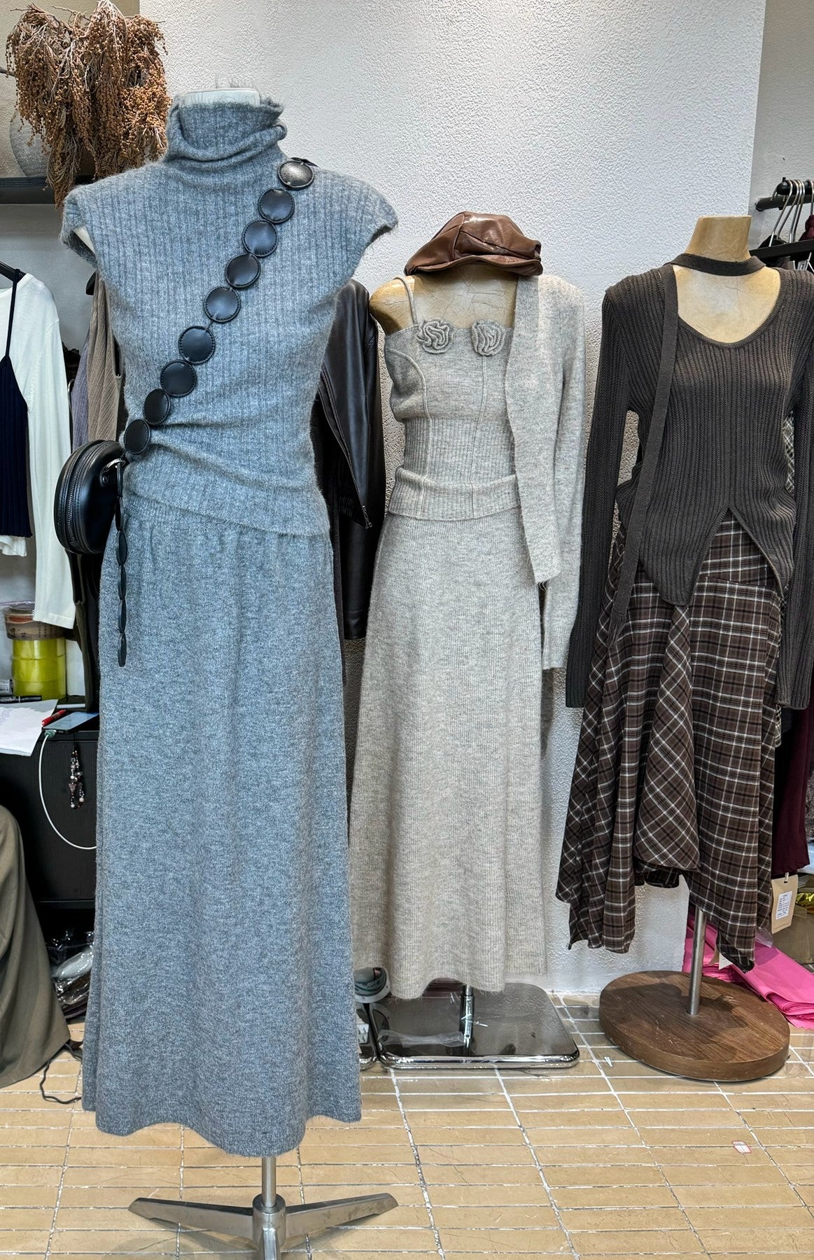 Wool turtleneck top + skirt two-piece set