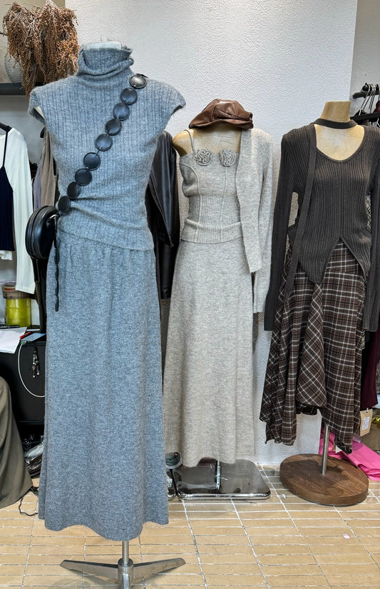Wool turtleneck top + skirt two-piece set