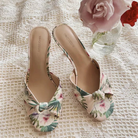Retro style French square toe flower strap two-wear slippers and sandals
