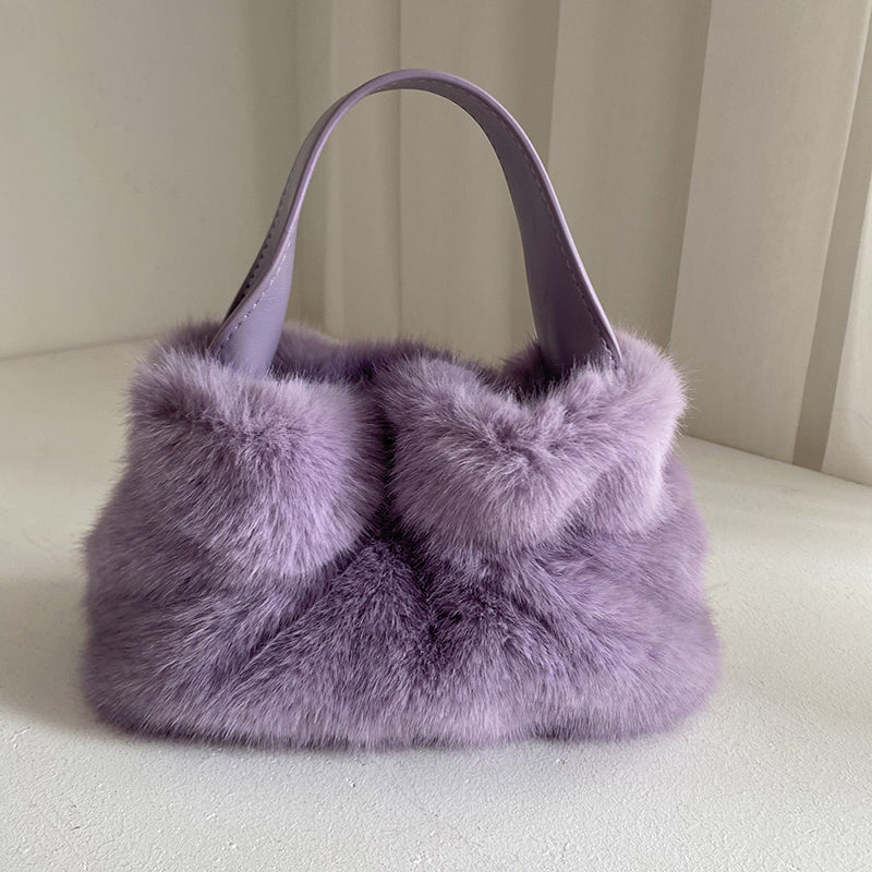 Pleated Faux Rabbit Fur Crossbody Bag