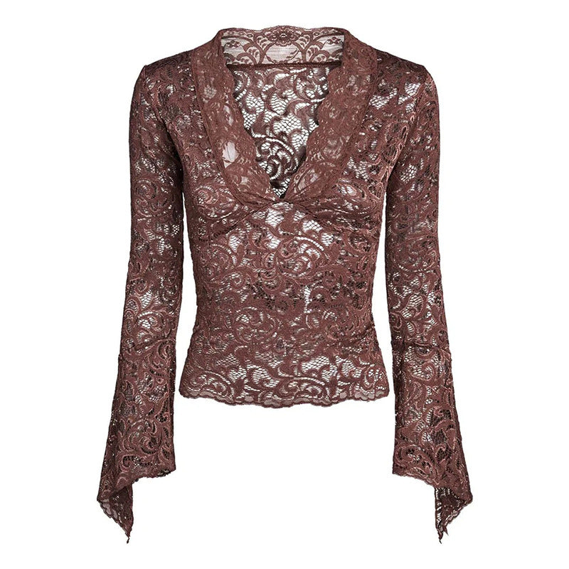 Slim fit lace V-neck see-through bell sleeve shirt