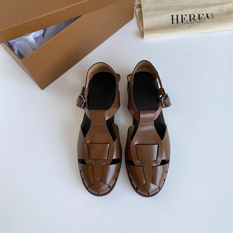 Mary Jane's new style cowhide hand-woven flat buckle women's shoes