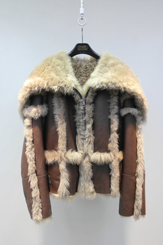 Tuscan sheepskin one-piece navy collar biker short fur coat