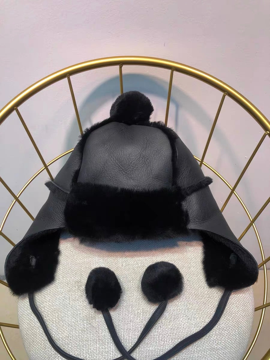 Lmported sheepskin all-in-one hat for men and women windproof fur ear protection hat