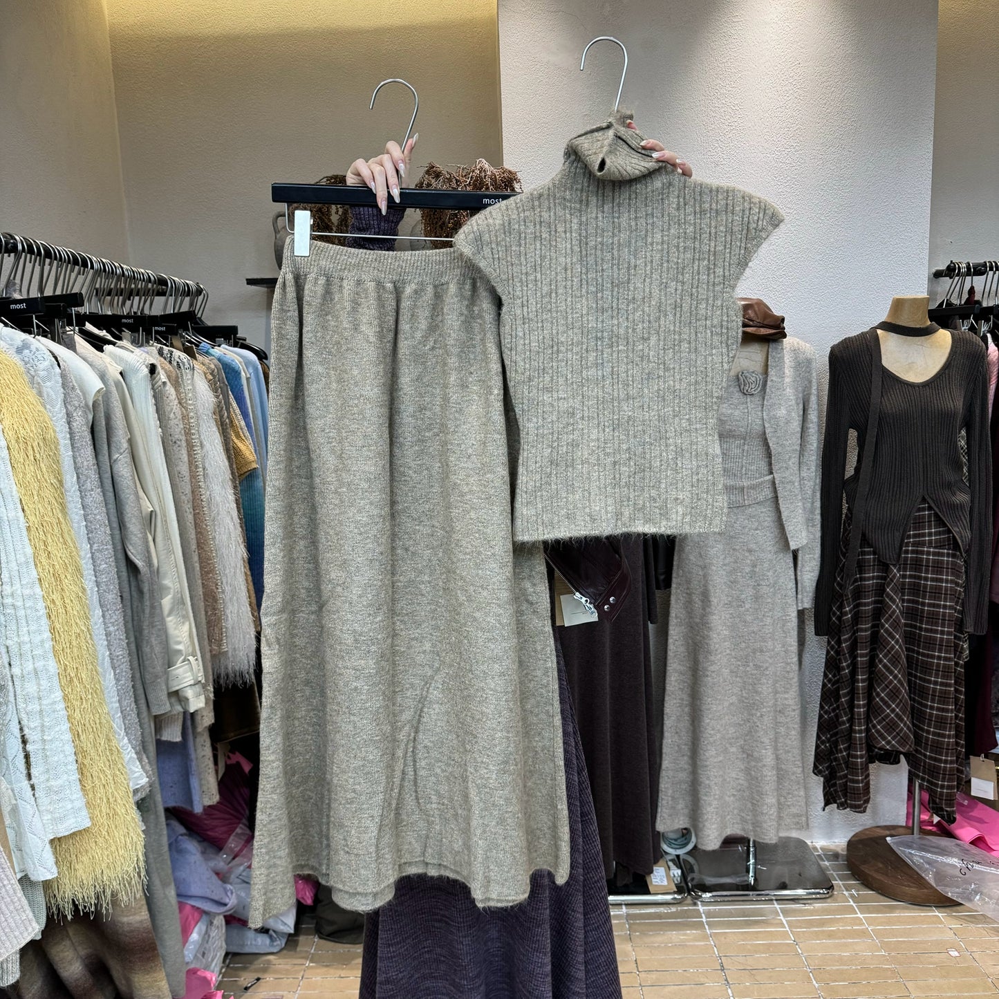 Wool turtleneck top + skirt two-piece set