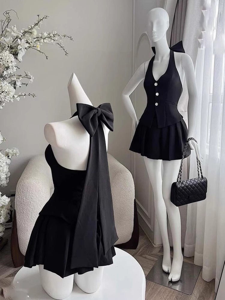Bowknot halter neck vest two piece set