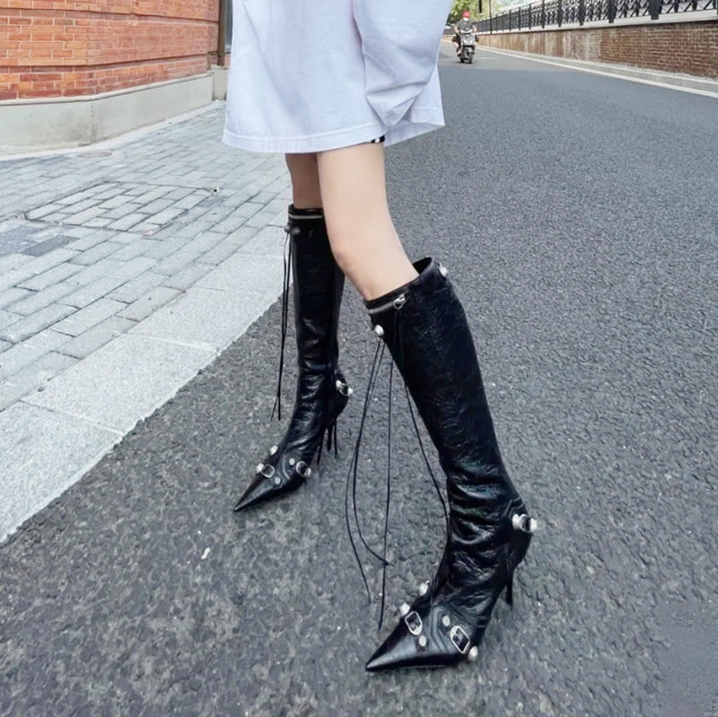 Metal studded tassel slim biker boots
