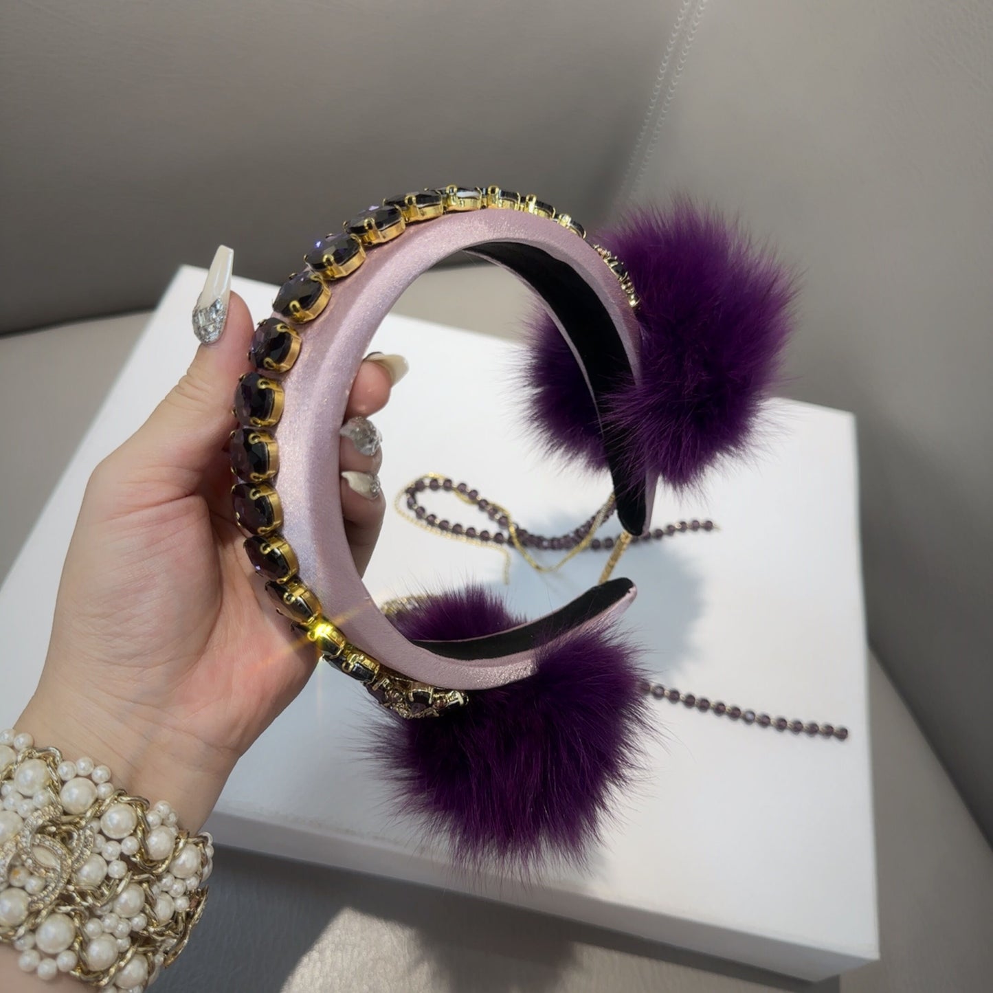 Rabbit fur ball tassel chain headband