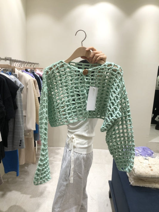 Cropped long-sleeved openwork knitted cardigan