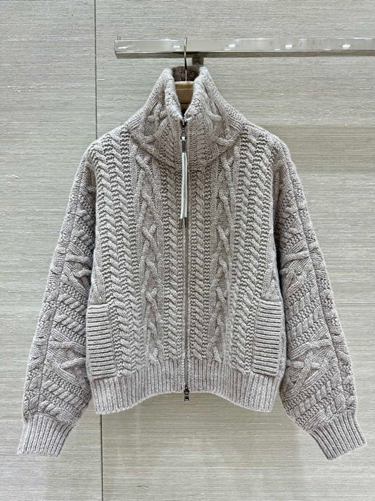Lapel Double Pocket Crochet Cashmere Jacket