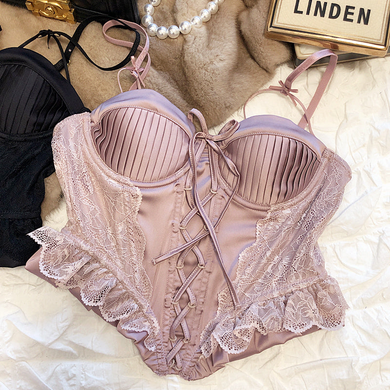 French sexy satin lace vest hot waist slimming underwear