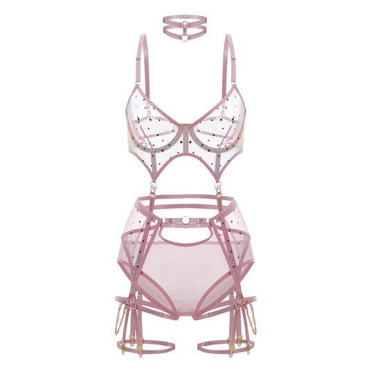New cute patchwork women's ultra-thin hollow mesh bra set