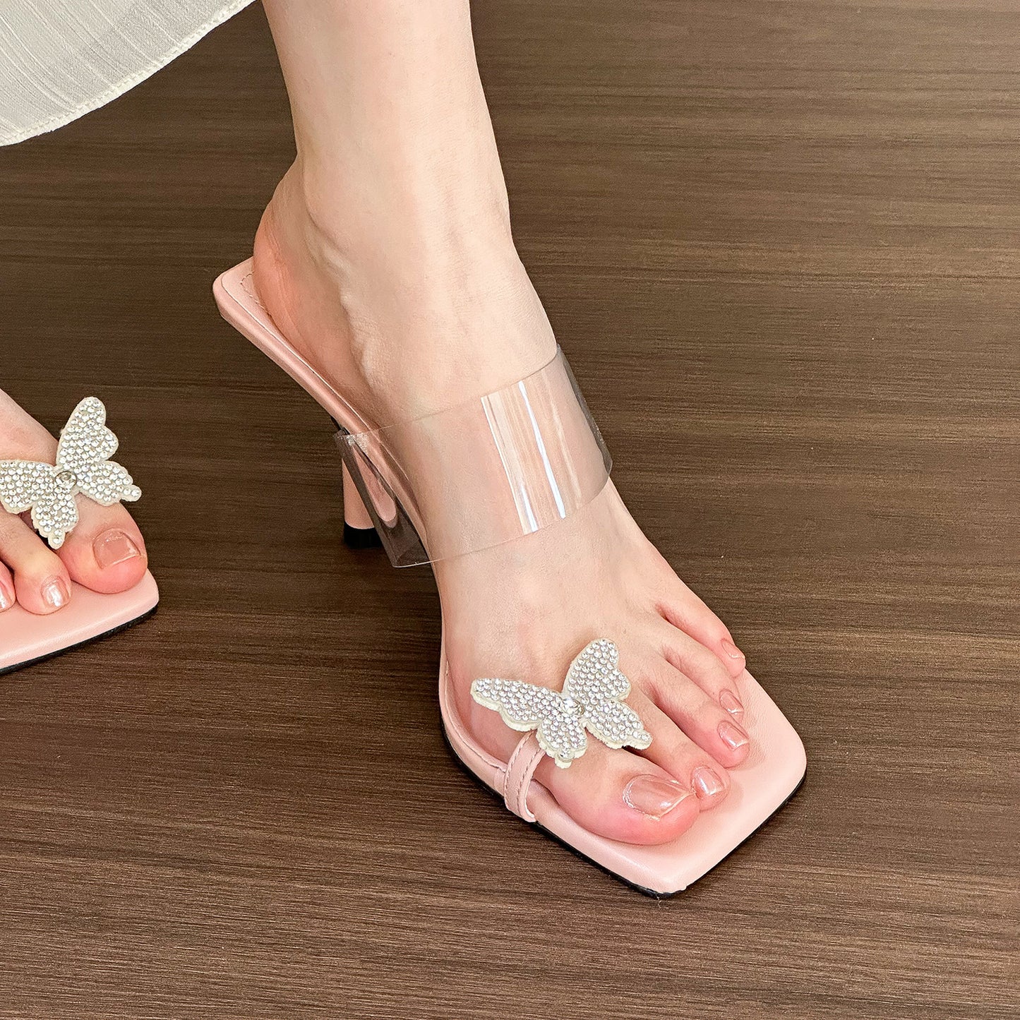 Silver square toe rhinestone butterfly slippers