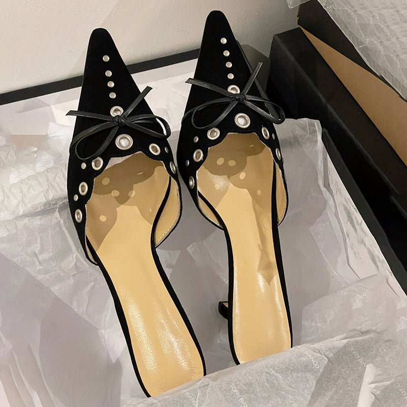 Sexy suede bow hollow pointed toe high heels