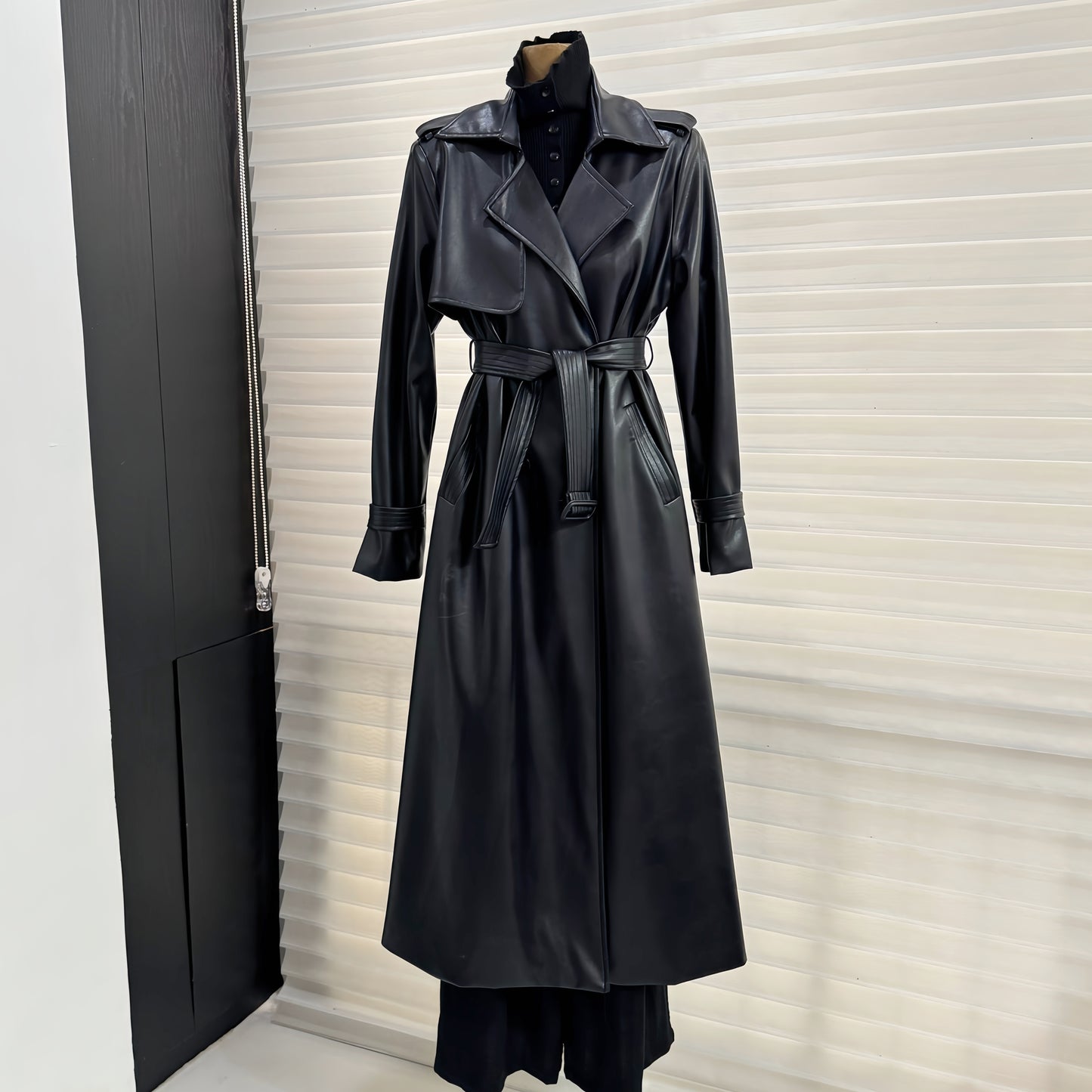 PU leather coat suit collar double breasted coat