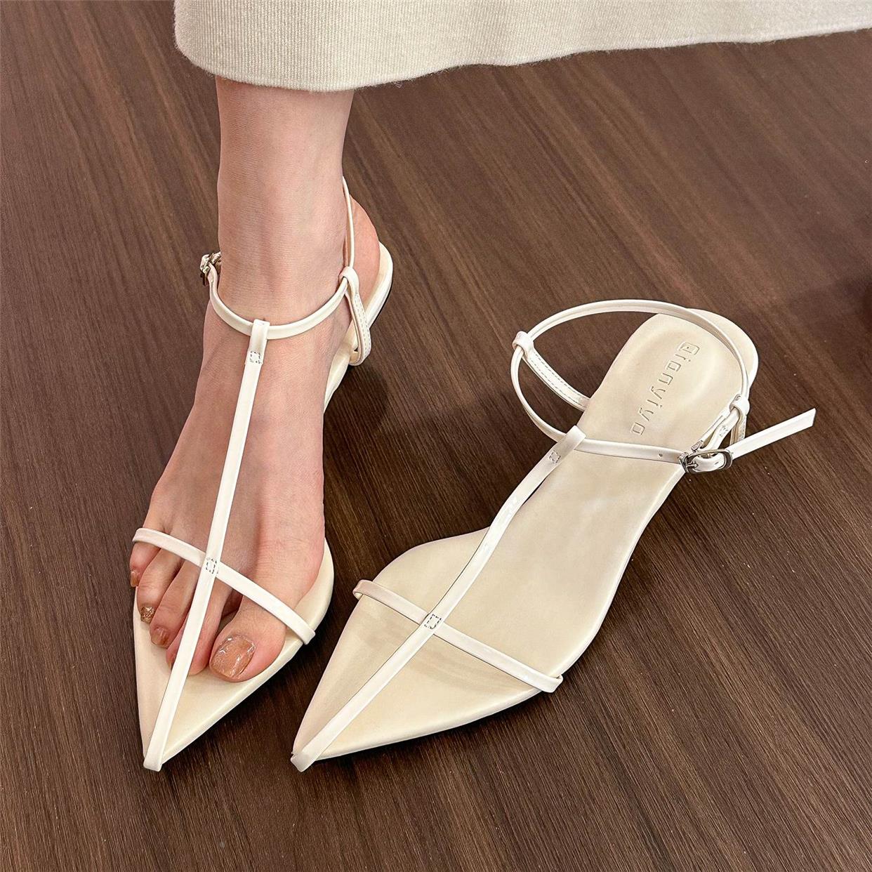 Medium heel sandals silver versatile summer pointed toe shoes