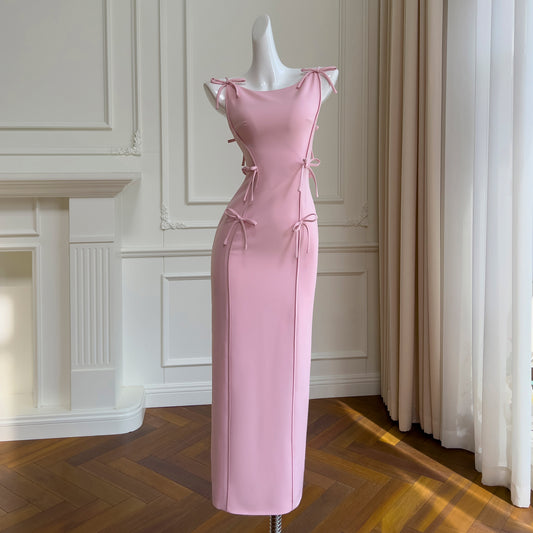 Pink bow waist slimming long dress, high-end suspender dress