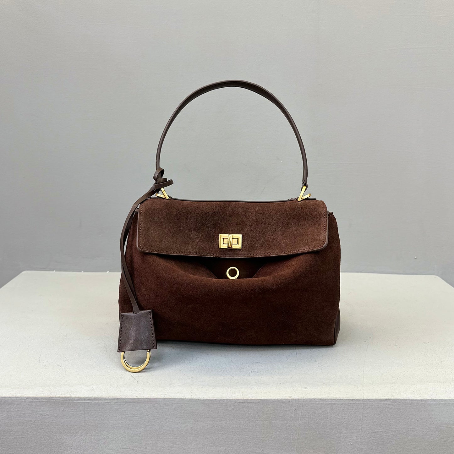 Suede stitching layered leather Kelly bag