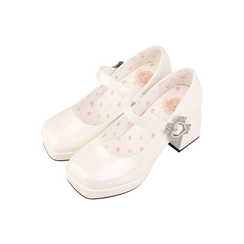 Patent leather square-toe Mary Jane bow mid-heels