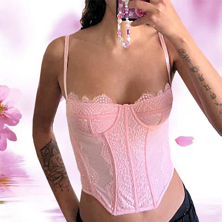 Hot girl lace embroidered fishbone suspender wear outside
