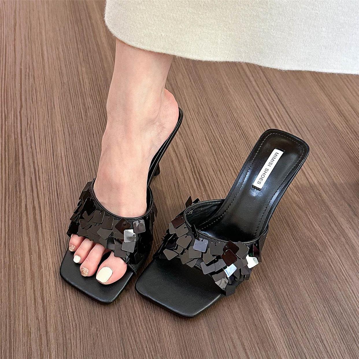 Sequined high-heeled sandals, open-toe stiletto mules