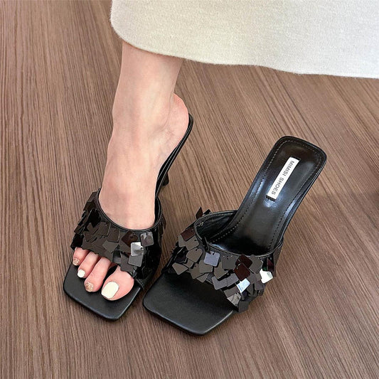 Sequined high-heeled sandals, open-toe stiletto mules