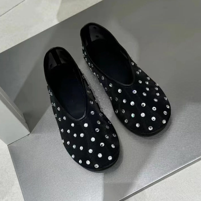Niche round toe mesh rhinestone ballet flats