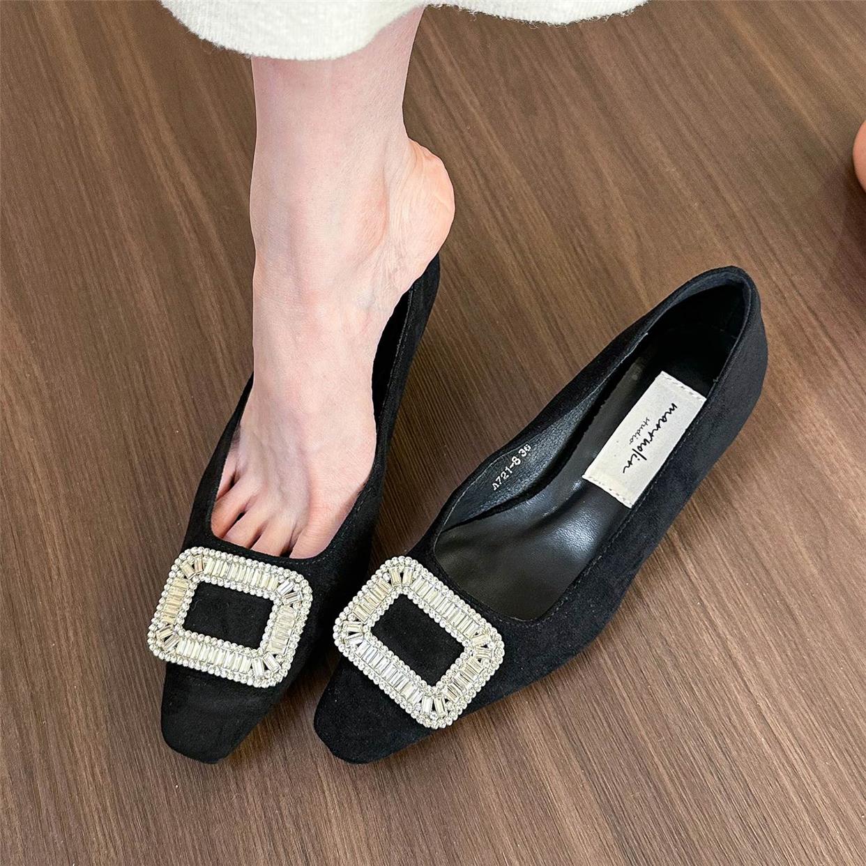 Square toe rhinestone shallow heel shoes