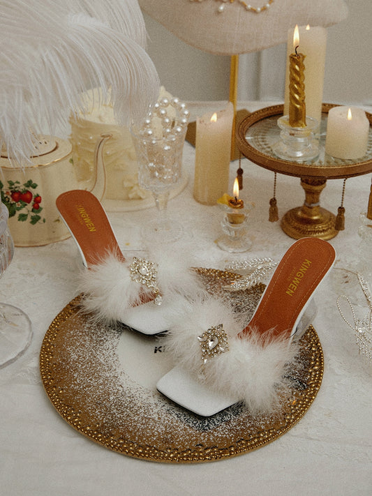 Rhinestone fur high heels slippers sandals