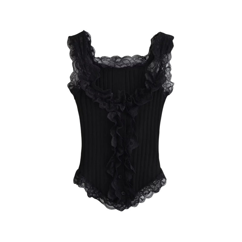 White knitted vest pure lust style short lace suspenders