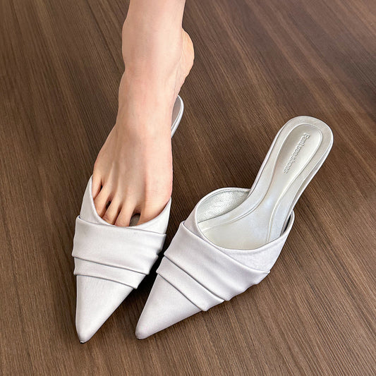 Pointed toe pleated summer outerwear satin stiletto mules