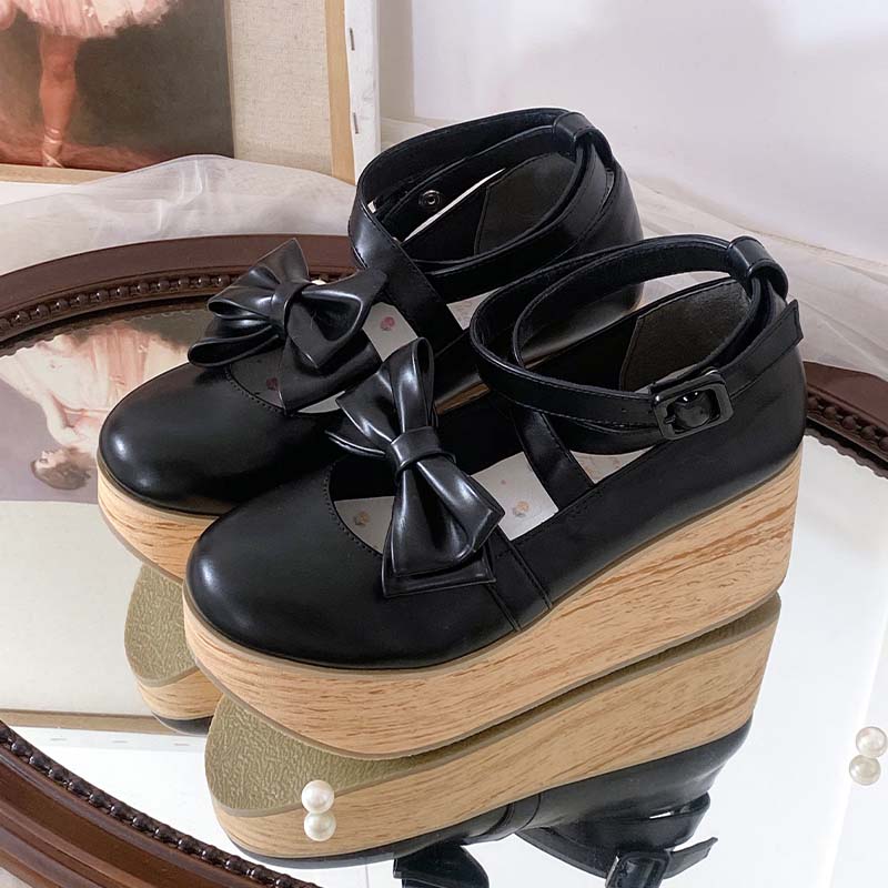 Wood Grain Ningyo Hime|White Tea Dream Original Bow Strappy Thick Sole Shoes