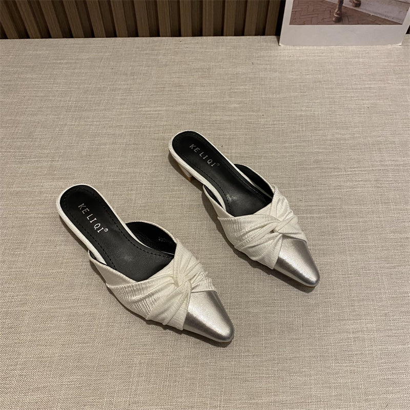 Retro fragrant pleated lady style color block low heel slippers