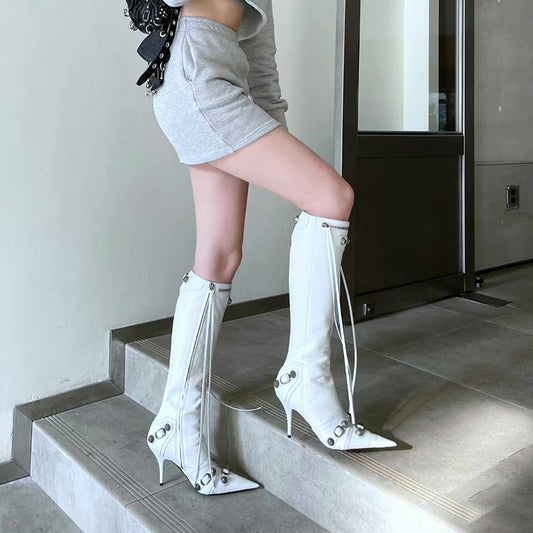 Metal studded tassel slim biker boots