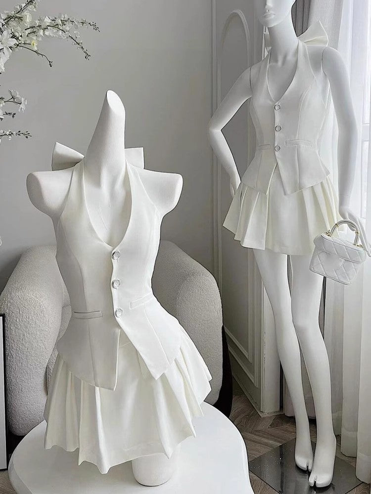 Bowknot halter neck vest two piece set