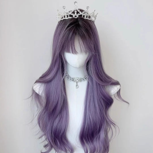 Purple middle-parted gradient long curly hair