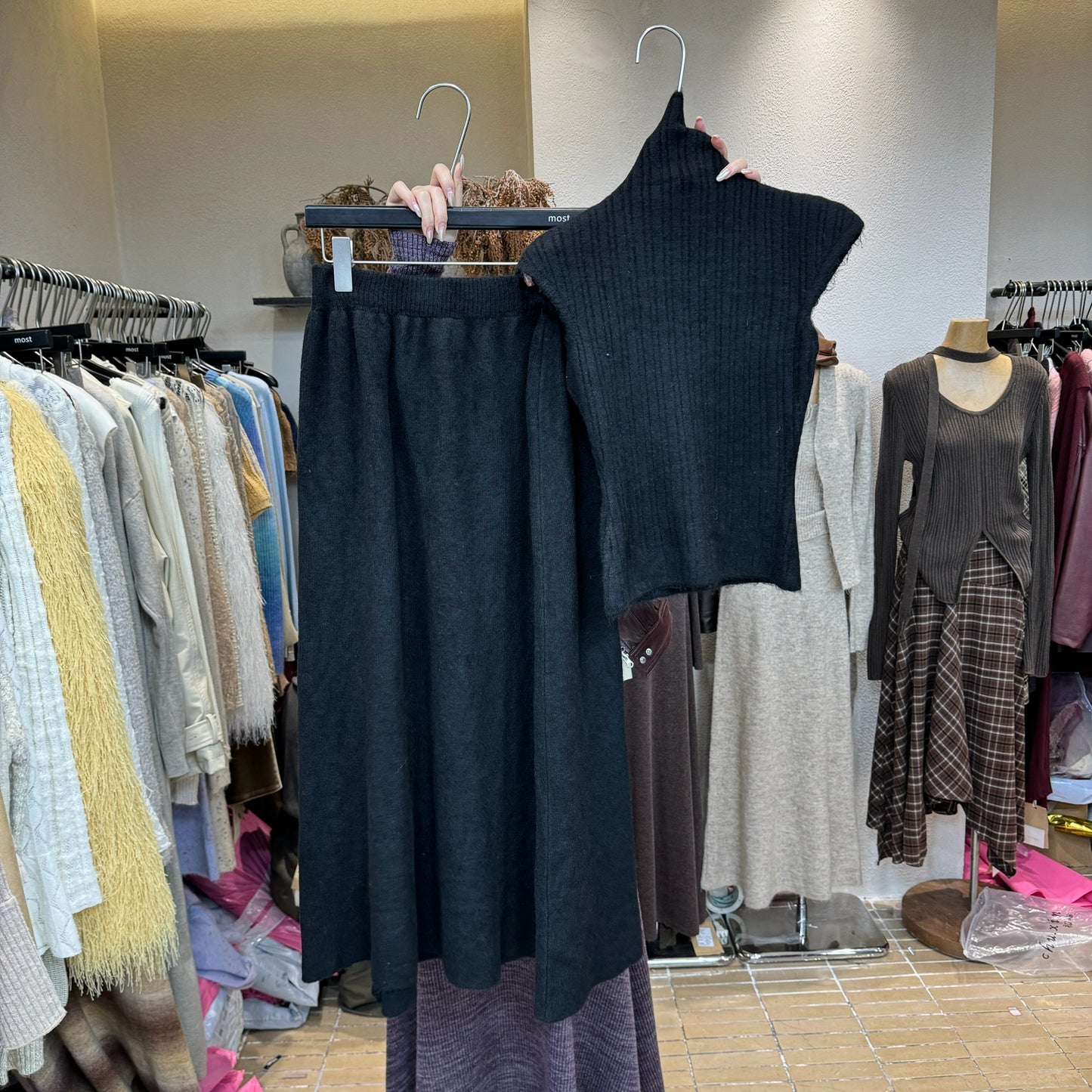 Wool turtleneck top + skirt two-piece set