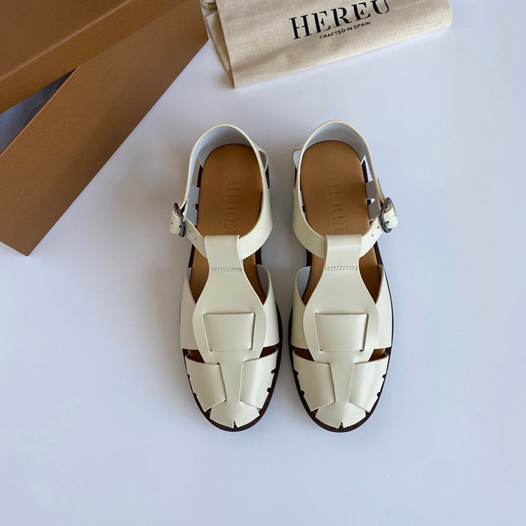 Mary Jane's new style cowhide hand-woven flat buckle women's shoes