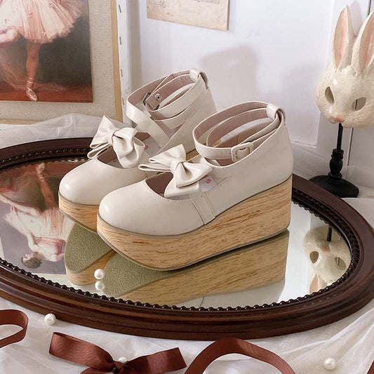Wood Grain Ningyo Hime|White Tea Dream Original Bow Strappy Thick Sole Shoes