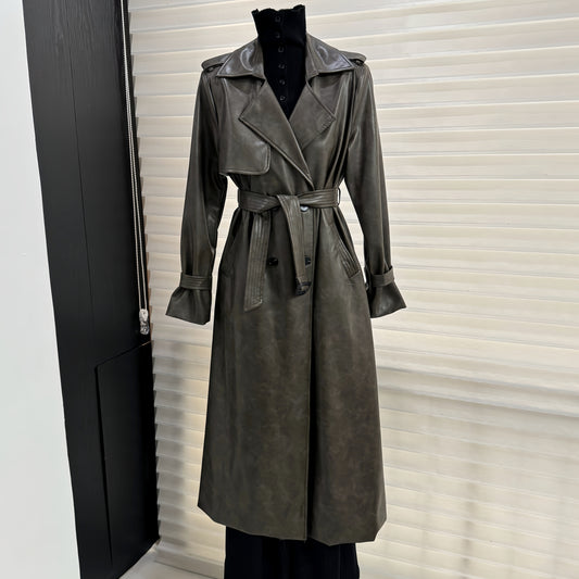 PU leather coat suit collar double breasted coat