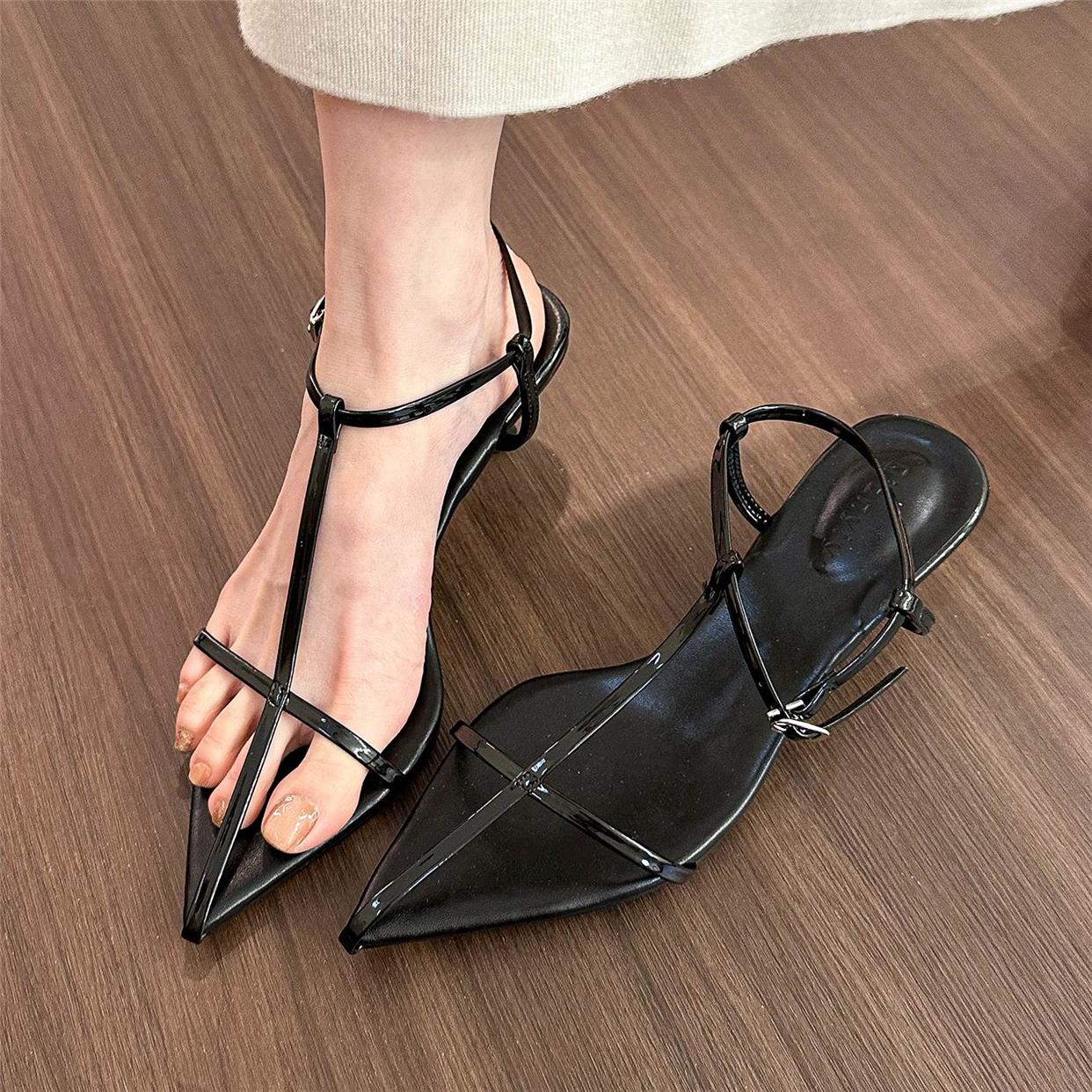 Medium heel sandals silver versatile summer pointed toe shoes