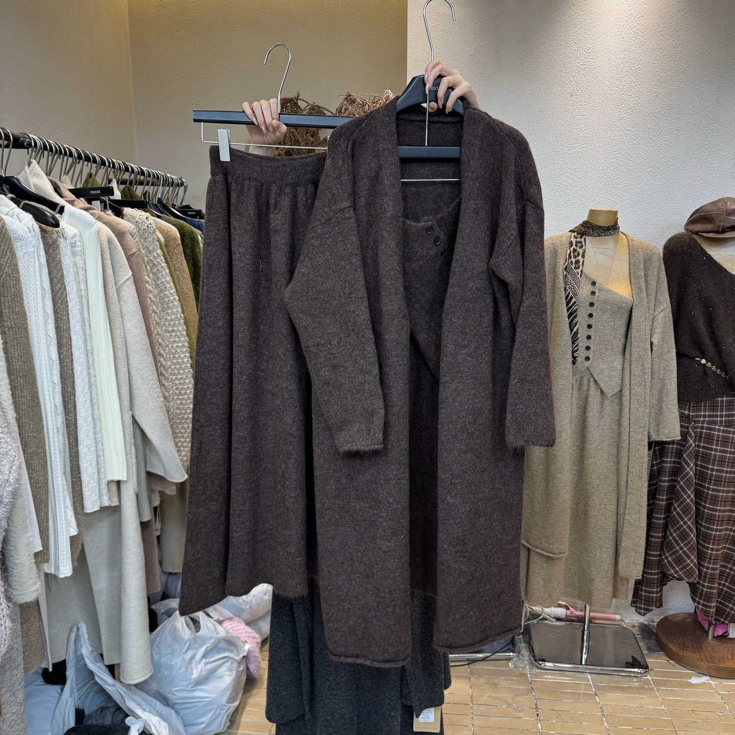 Wool off-shoulder cardigan sweater + skirt three-piece set