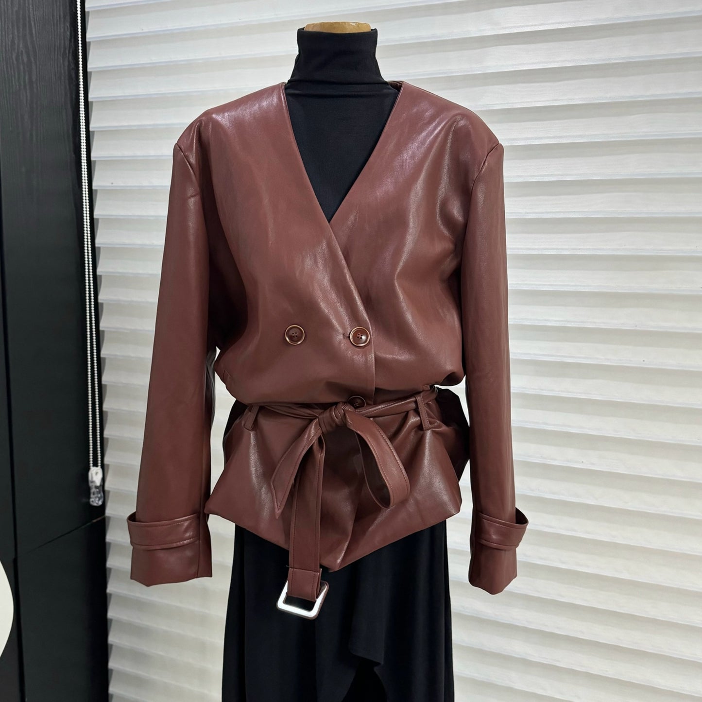 V-neck lace-up PU suit motorcycle jacket