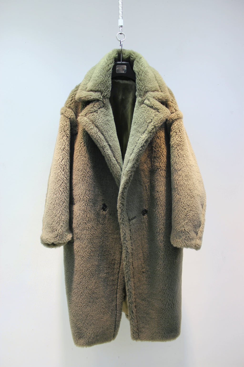 Grained wool shearling loose fit teddy coat mid-length