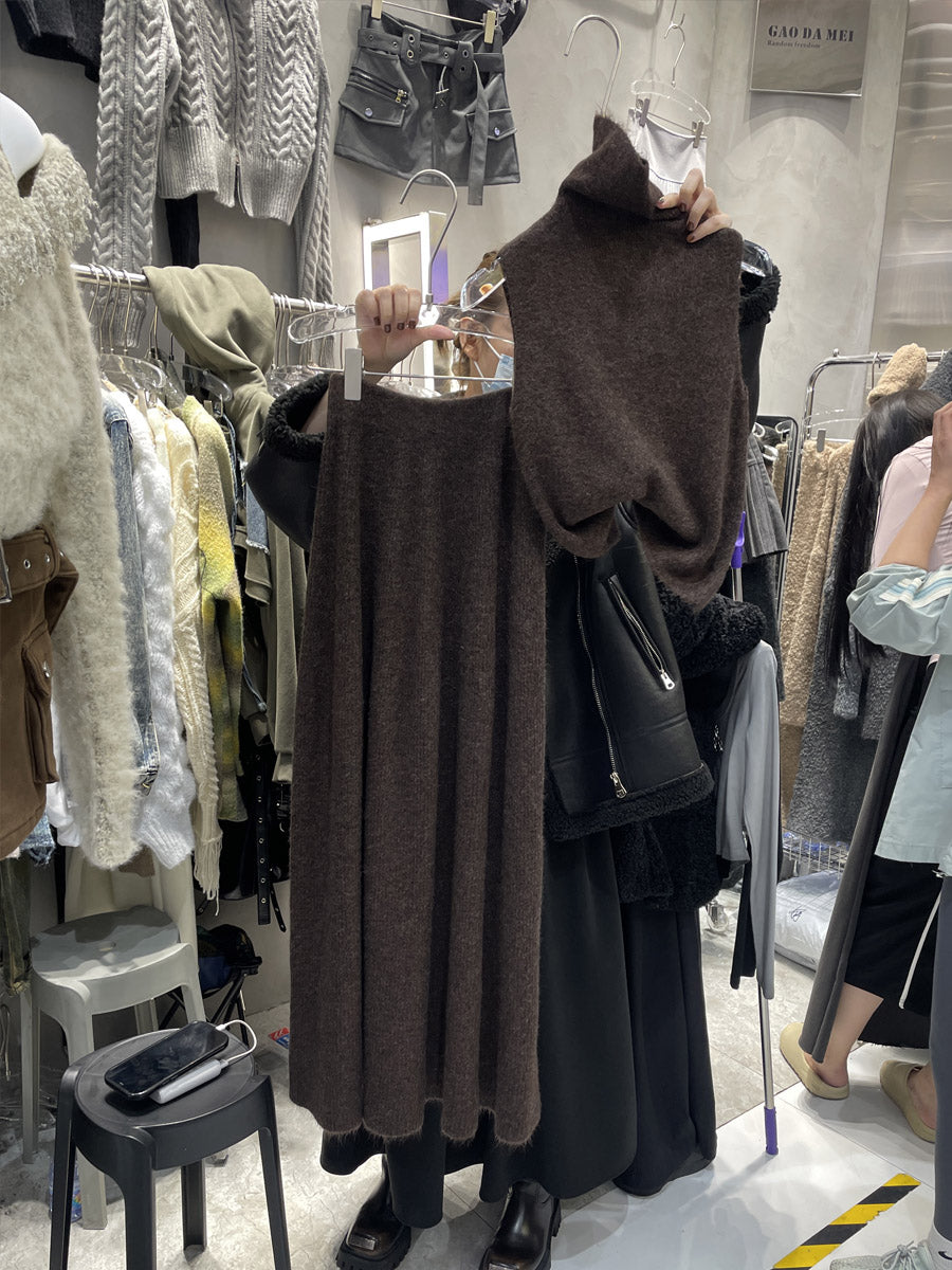 Knitted two-piece turtleneck vest long skirt set