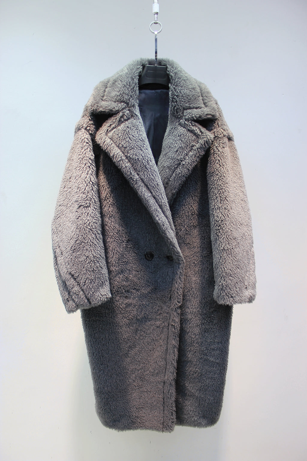 Grained wool shearling loose fit teddy coat mid-length