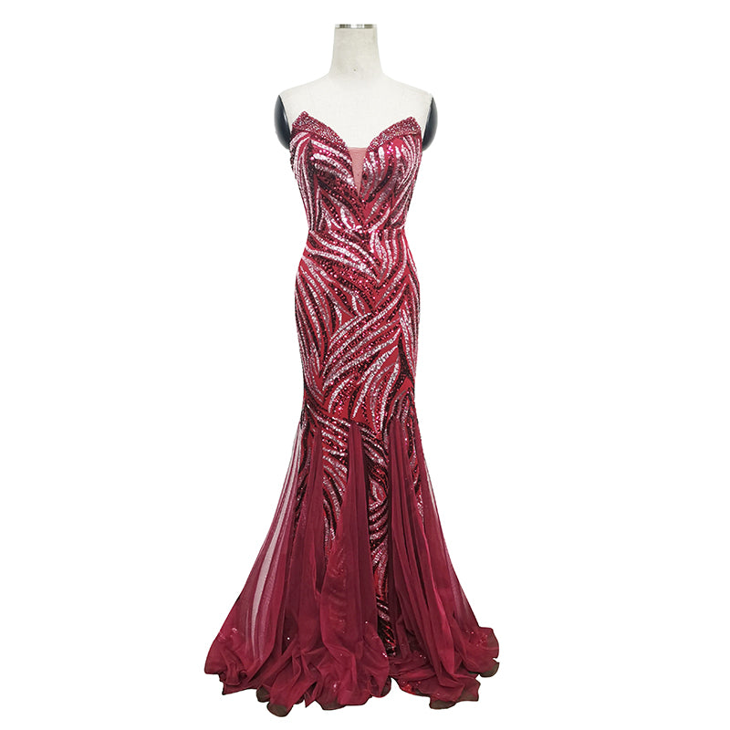 Heavy industry tube top, high-definition beaded sequins, long banquet host bride's toast dress, birthday evening dress