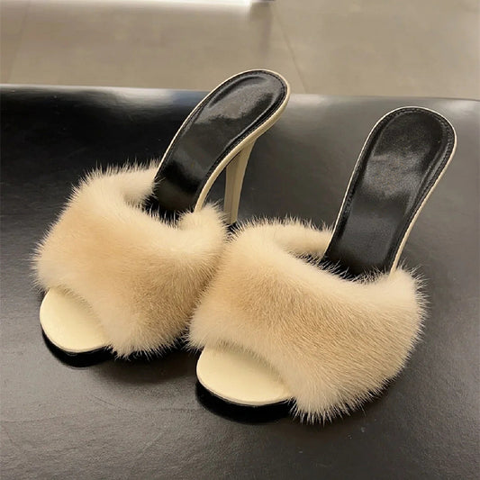 Mink fur open toe slippers fish mouth genuine leather party sandals