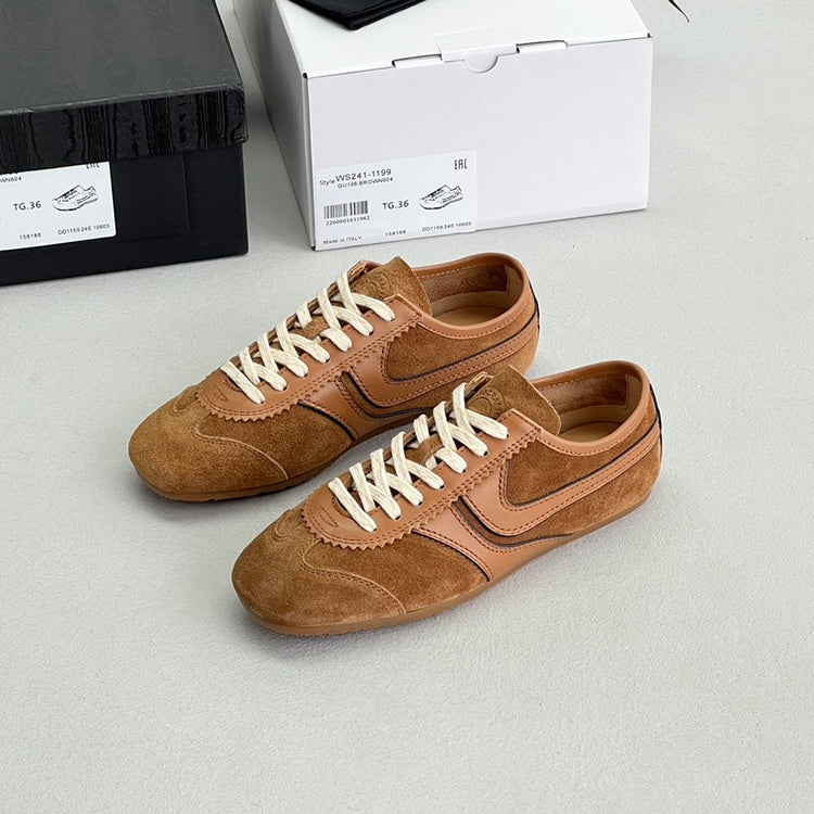 Suede stitching sports flat lace-up casual shoes